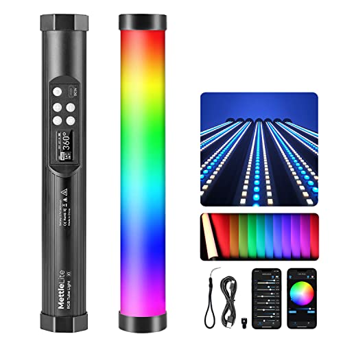 Mettlelite TLX1 RGB Tube Light LED Full Color Portable Video Light with APP Control 2800K-8000K CRI96 TLCI97 360° RGB CCT HSI Mode 10 Customizable Light Effects Rechargeable Battery Magnet Design