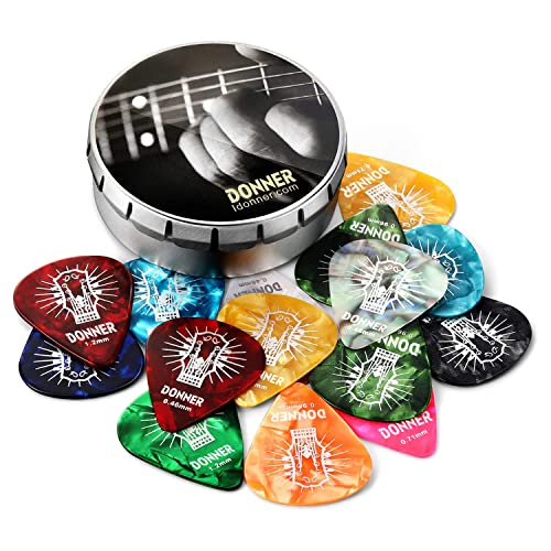 Donner Celluloid Guitar Picks 16 Pack with Tin Box includes Thin, Medium, Heavy & Extra Heavy Picks, for Acoustic Guitar Electric Guitar Ukulele