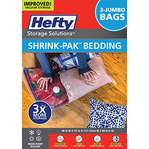 Hefty Shrink-Pak Vacuum Storage Bags - Space Saver Vacuum Storage Bags for Under Bed Storage, Clothing and Comforter Storage, Odor Resistant, 3X More Storage Space - 3 Jumbo Vacuum Storage Bags