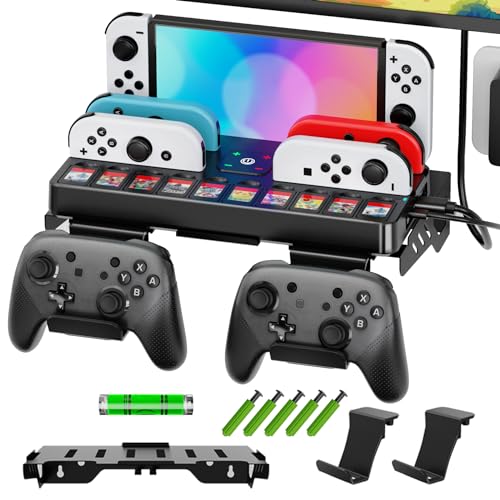 Switch Wall Mount & Switch TV Dock with Joy-Con Charger Bundle Kit, Switch TV Docking Station with 4K HDMI & USB 3.0 Port, Metal Wall Shelf for Switch & Switch OLED, Switch Pro Controller Hooks