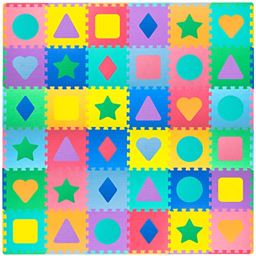 ProSource Kids Foam Puzzle Floor Play Mat with Shapes & Colors 36 Tiles, 12'x12' and 24 Borders