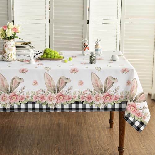 Horaldaily Easter Tablecloth 60x84 Inch Rectangular, Spring Flower Buffalo Plaid Bunny Ear Table Cover for Party Picnic Dinner Decor