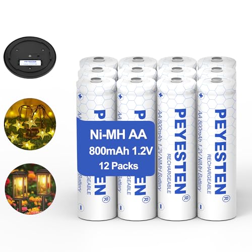 PEYESTEN Ni-Mh 800mAh 1.2V AA Rechargeable Batteries Ni-Mh, Double A Batteries for Solar Lights, Garden Lights, Pack of 12, Pre-Charged