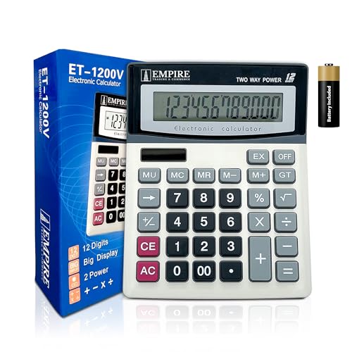 Empire Desk Calculator with Large Key Buttons, 12 Digits, Large Eye-Angled Display, Solar and Battery Powered for Home and Office (Battery Included)