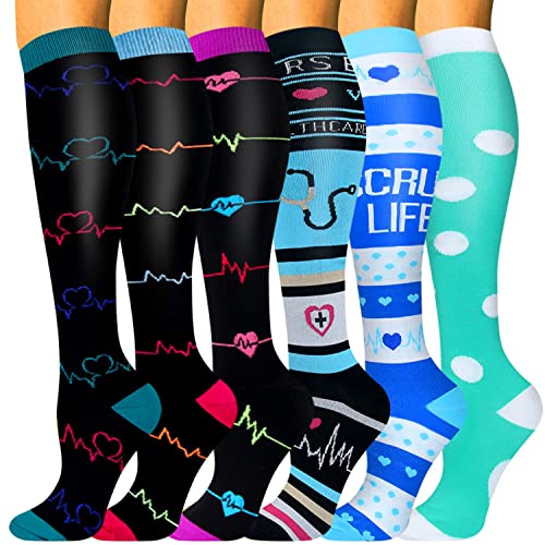 HLTPRO 6 Pairs Compression Socks for Women & Men - 20-30 mmHg Compression Stockings for Medical, Nurse, Running