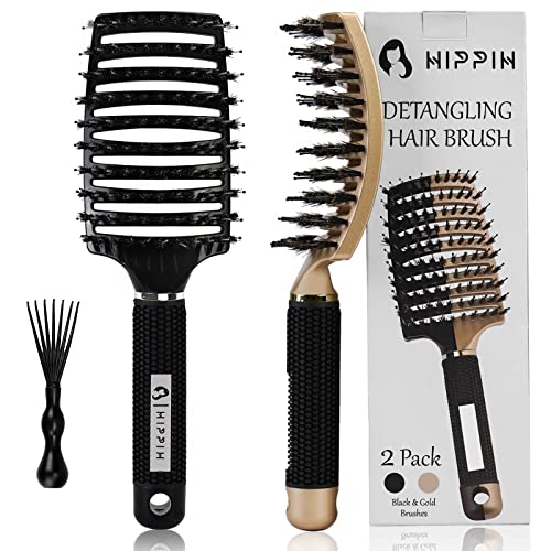Boar Hair Brushes 2 Pack, Suitable for Men, Women & Kids’ Long Curly Wet or Dry Hair, HIPPIH Hairbrush for Thick Hair Can Adds Shine and Makes Hair Smooth