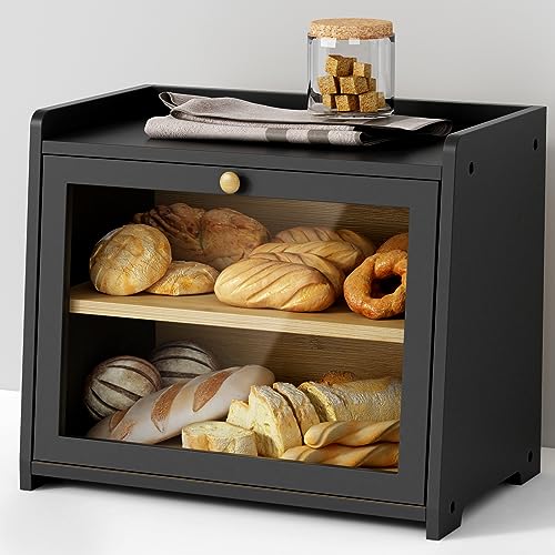 Goozii Black Bread Box for Kitchen Countertop, Large Bread Storage Container for Homemade Bread, Wood Farmhouse Breadbox Organizer for Kitchen Counter Corner, Cabinet, Pantry, Cupboard (Black)
