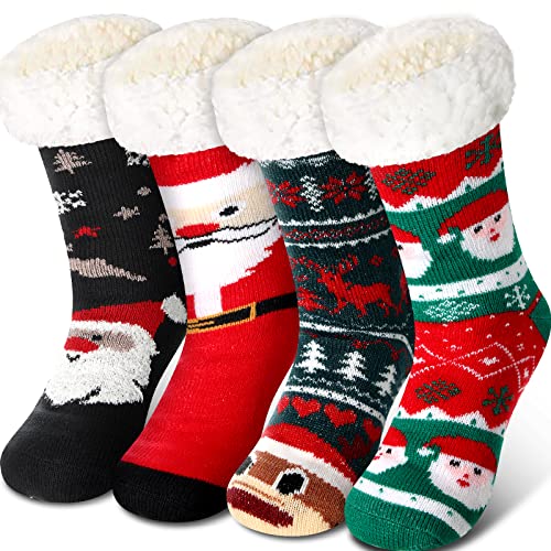 Jeyiour 4 Pairs Christmas Slipper Socks Women Fleece Lined Socks Xmas Warm Fuzzy Socks for Girls Christmas Gifts(Lovely Style)