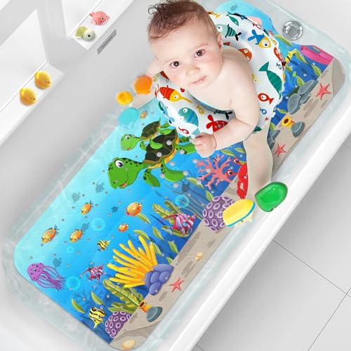 XIYUNTE Baby Bath Mat for Tub for Kids, 40 X 16 Inch Extra Long Kids Bathtub Mat Non Slip, Cartoon Patterned Bath Tub Shower Mat Anti Slip with Suction Cups & Drain Holes, Machine Washable, Sea Turtle