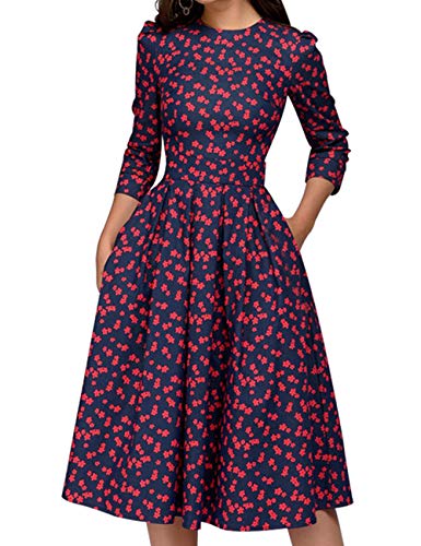 Simple Flavor Women's Floral Vintage Dress Elegant Midi Evening Dress 3/4 Sleeves (Red, L)