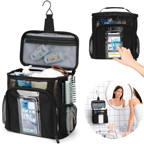 Chokoter Shower Caddy, Toiletry Bags Dorm Room Essentials for College Students Girls, College Essentials With Transparent Front Pouch to Play Phone, Cleaning Caddy Portable for College (Black)