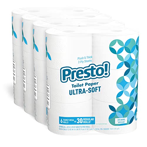 Amazon Brand - Presto! 2-Ply Ultra-Soft Toilet Paper, 24 Family Mega Rolls = 120 regular rolls, 6 Count (Pack of 4), Unscented