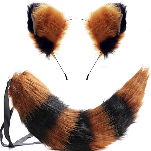 Fox Tail and Ears,Cat Wolf Raccoon Ears and Tail Set,Animal Furry Tail, Ears Headbands,Halloween Christmas Costume Cosplay(Brown+Black)