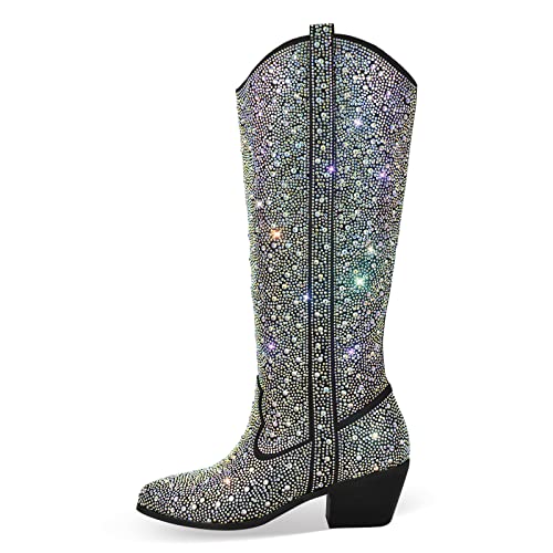 MissHeel Glitter Rhinestone Boots Sparky Booites with Sequin Knee High Boots Black Diamond Boots Rhinestone Booties Round Toe Size 10