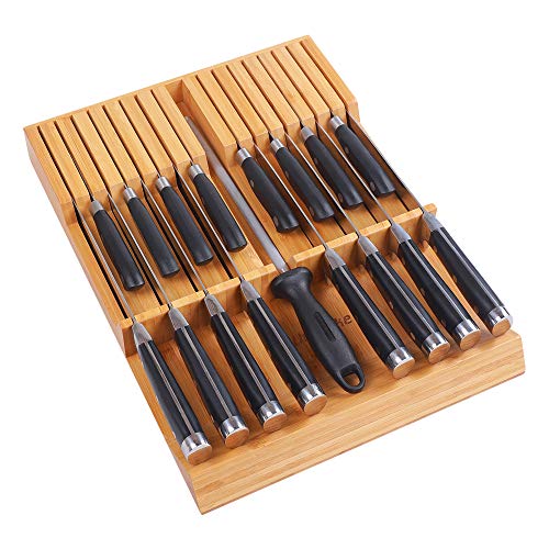 Utoplike In-drawer Knife Block Bamboo Kitchen Knife Drawer Organizer, Large handle Steak knife Holder without Knives, Fit for 16 knives and 1 Sharpening Steel (Not Included)