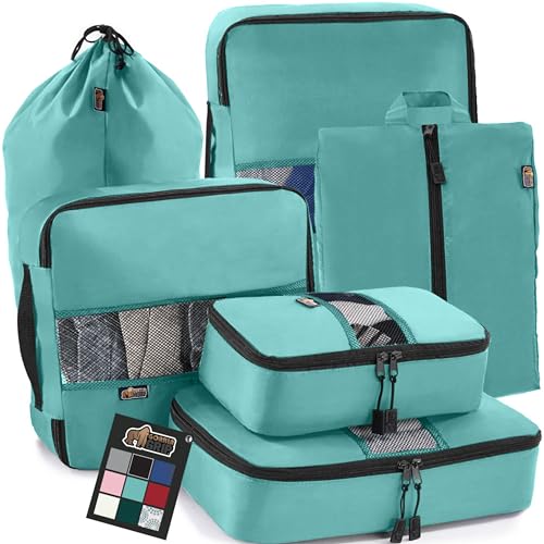 Gorilla Grip 6 Set Packing Cubes, Travel Essentials for Suitcases, Breathable Mesh Organizer Bags for Clothes Toiletries Shoes and Laundry, Luggage and Backpack Carry On Airplane Accessories Turquoise