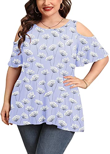 AusLook Plus Size Tunic for Women Cold Shoulder Blouse Blue Dandelion 3X Clothes Short Sleeve Clothing Crewneck Summer Top Maternity Loose Fitting Shirt