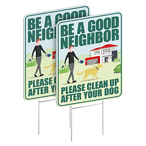 Clean Up After Your Dog Signs 2 Pack 12'x9' with Metal Stake, No Pooping Dog Signs for Yard, Pick Up After Your Dog Signs