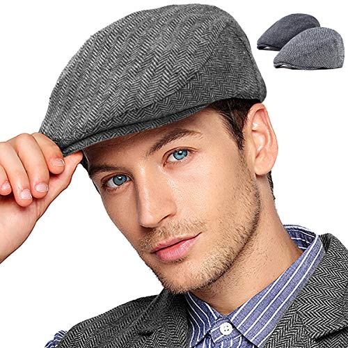 LADYBRO Black+Grey Tweed Flat Cap - Wool Hat for Men Newsboy Cap Ivy Hat Large 2 Pack (1-3, Size: 7 5/8, L/XL)
