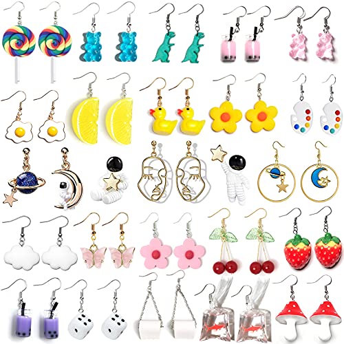 24 Pairs Weird Cute Cool Aesthetic Earrings Alt Accessories Kawaii Indie Funky Y2k Quirky Crazy Funny Novelty Silly Weirdcore Creative Packs Jewelry Set Multipack for Women