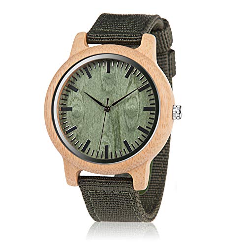 BOBO BIRD Unisex Bamboo Wooden Watch for Men and Women Analog Quartz Lightweight Handmade Casual Watches with Green Nylon Strap