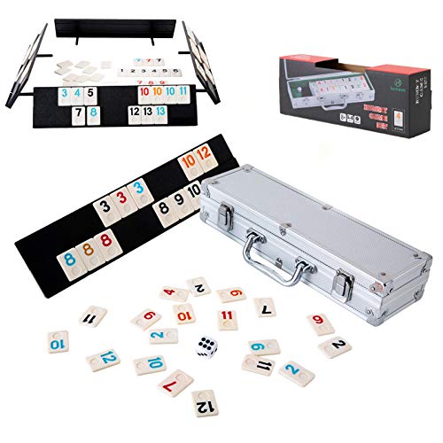 Homwom 106 Tiles Rummy Game - Travel Games Rummy Board Game Rummy Set with Aluminum Case & 4 Anti-Skid Durable Trays