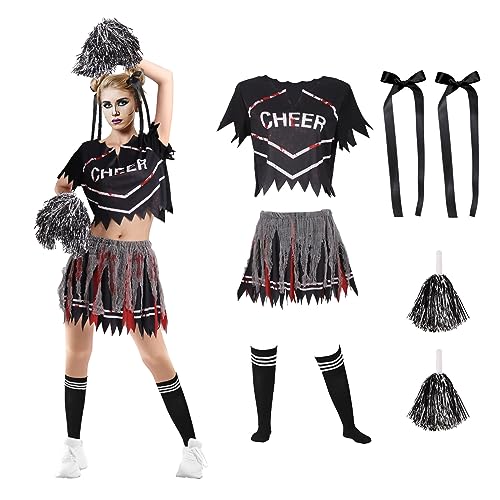 Blivergowell 7 Pieces Zombie Cheerleader Costume Women Halloween Cheerleader Outfit Set Top Skirt Hair Bow Rope Socks Pom Poms (Adult black, M)
