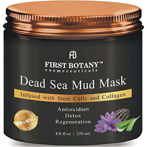 First Botany, 100% Natural Mineral-Infused Dead Sea Mud Mask 8.8oz Stem Cells Facial Treatment Skin Cleanser Pore Reducer Anti Aging Acne Treatment Blackhead Remover Cellulite & Natural Moisturizer