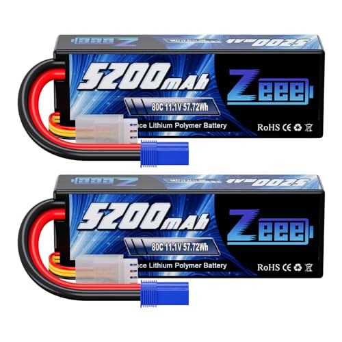 Zeee 11.1V 80C 5200mAh 3S Lipo Battery with EC5 Connector Hardcase Battery for RC Car Boat Truck Helicopter Airplane Racing Models(2 Packs)