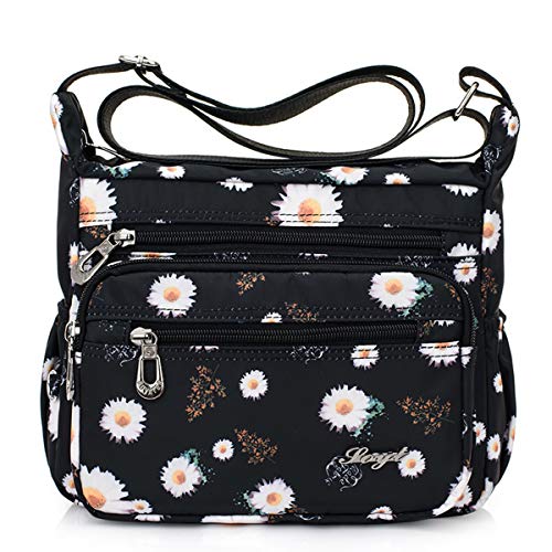 Nawoshow Nylon Floral Multi-Pocket Crossbody Purse Bags for Women Travel Shoulder Bag (Black)