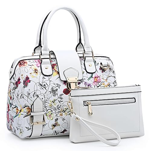 Dasein Women Barrel Handbags Purses Fashion Satchel Bags Top Handle Shoulder Bags Vegan Leather Work Bag Tote (White Flower)