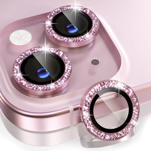 Choiche Compatible for iPhone 15 /iPhone 15 Plus Camera Lens Protector Bling, 9H Tempered Glass Camera Cover Screen Protector Metal Ring Decoration Accessories (Glitter-Pink)