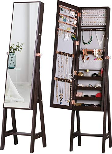 LUXFURNI Jewelry Armoire Standing Full-Length Mirror Makeup Lockable Cabinet, Large Cosmetic Storage Organizer Wall/Door-Hanging (Brown)