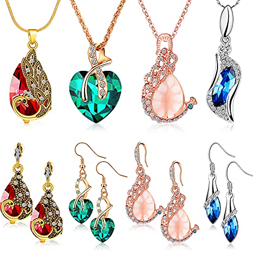 MTLEE 4 Sets Peacock Jewelry for Women, Valentine's Day Gifts Crystal Necklace Earrings, Rhinestone Waterdrop Pendant, Heart Charm Hook Earrings for Birthday Party Gifts