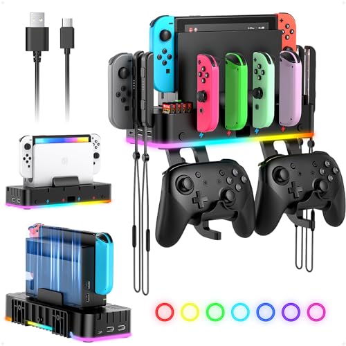 RGB Switch Wall Mount with Joy-Con Charger, Switch Holder for Nintendo Switch / OLED with Switch Organizer, Switch Accessories with 15 Light Mode, 4 Controller Charger, 2 USB Port, 10 Card Slot