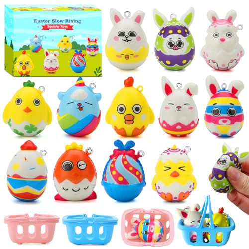 JYXT Easter Basket Stuffers, 12 Pack Squishy Toys with Mini Easter Baskets Slow Rising Easter Egg Bunny Keychain Easter Gift for Kids Boys Girls Party Favors Classroom Rewards