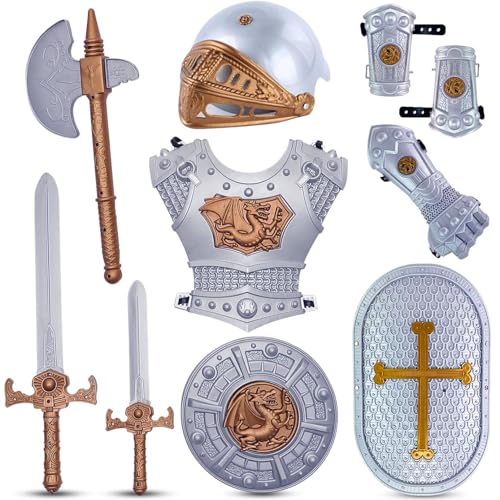 Medieval Knight in Shining Armor, Kids Crusader Pretend Role Play Plastic Costume Dress Up Cosplay with Toy Swords, Axe, Shield, Weapons & Accessories Playset