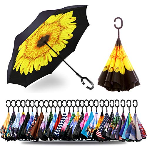 SIEPASA 40/49/56/62 Inch Inverted Reverse Upside Down Umbrella, Extra Large Double Canopy Vented Windproof Waterproof Stick Umbrellas with C-shape Handle.(Yellow Daisies, 49 Inch)