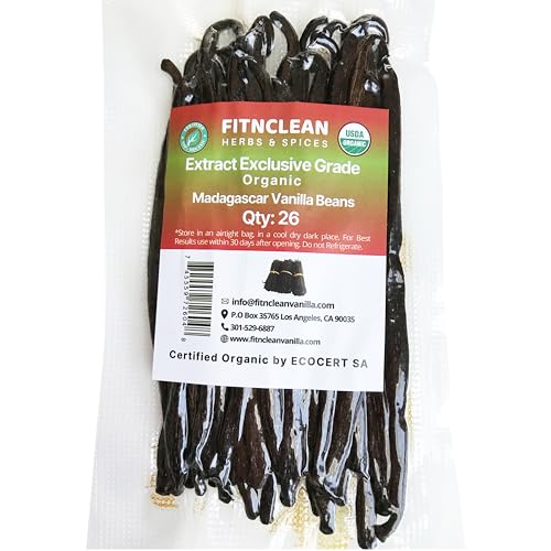 26 Organic Madagascar Vanilla Beans Extract Exclusive Grade B| 4.5' - 5.5' by FITNCLEAN VANILLA| Certified USDA Organic. Bulk Dry Whole Bourbon NON-GMO Pods