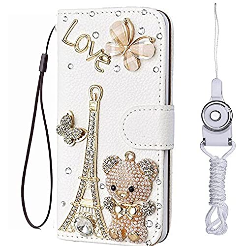 HFICY Girly Phone Case with 2PCS Glass Screen Protector and 2 Lanyards Bling Diamonds Crystals Leather Wallet Women Cover Case (Bear Tower,for Consumer Cellular ZTE ZMAX 5G Z7540)