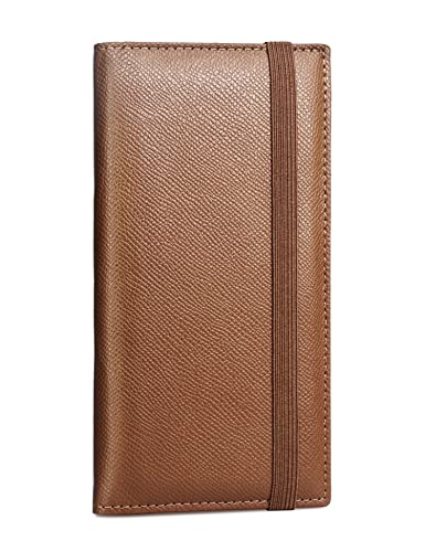 Yarnic Checkbook Cover for Personal Checkbook, Checkbook Holder with Pen Holder & Built-in Clear Plastic Divider for Duplicate Checks (Tan)