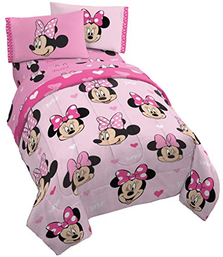 Jay Franco Disney Minnie Mouse Hearts N Love 4 Piece Twin Bed Set - Includes Reversible Comforter & Sheet Set - Super Soft Fade Resistant Microfiber - (Official Disney Product)