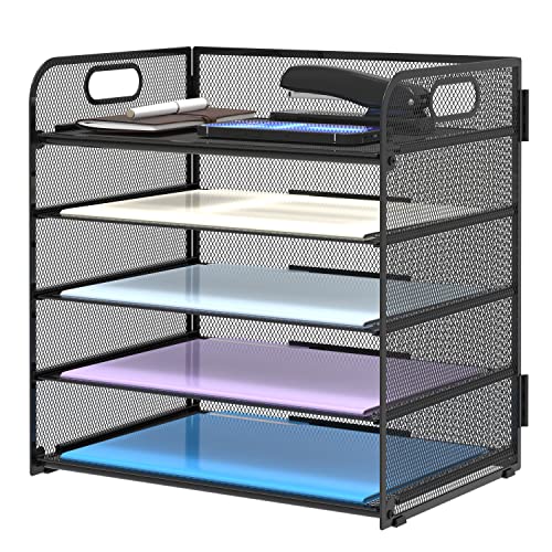 Supeasy 5 Trays Paper Organizer with Handle - Mesh Desk File/Letter Organizer,Black Paper Sorter for Office, Home or School