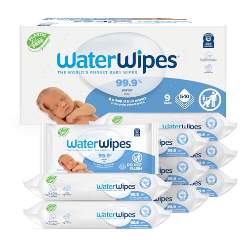 WaterWipes Plastic-Free Original-baby Wipes, 99.9% Water Based Wipes, Unscented & Hypoallergenic for Sensitive Skin, 60 Count (Pack of 9) Total 540 wipes, Packaging May Vary