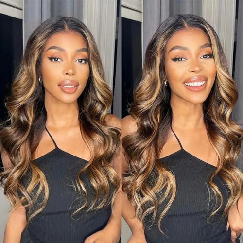 HJuyYuah 13x6 Lace Front Wigs Human Hair, 28 Inch Glueless Brown Mixed Blonde Highlights Loose Wave Long Wig, Deep Wave Lace Frontal Wigs for Women, Long Curly Wigs