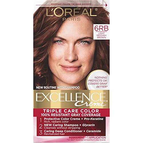 L'Oreal Paris Excellence Creme Permanent Triple Care Hair Color, 6RB Light Reddish Brown, Gray Coverage For Up to 8 Weeks, All Hair Types, Pack of 1