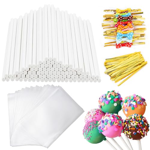 SOTMALTK 320Pcs Cake Pop Sticks and Wrappers Kit, Lollipop Sticks Cake Pop Bags with Metallic Twist Ties Bow, Perfect for Making Lollipops, Candies, Chocolates and Cookies - Great for Parties