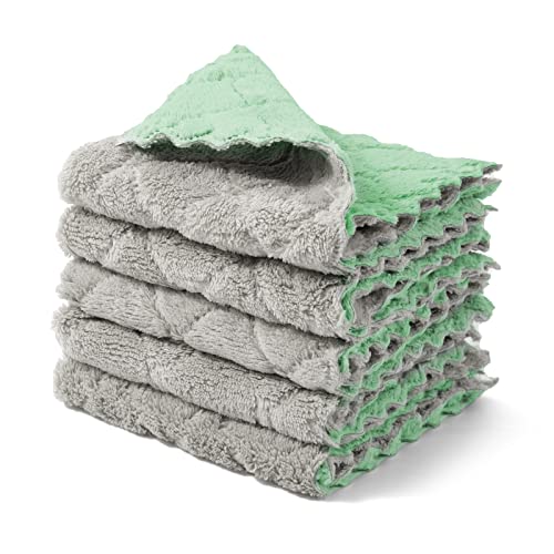 kimteny Cleaning Cloths Kitchen Towels Microfiber Washcloths Lint Free Dish Cloth Reusable Dishtowels Household Super Absorbent Fast Drying, 10'x10', Pack of 5 (Green-Grey)