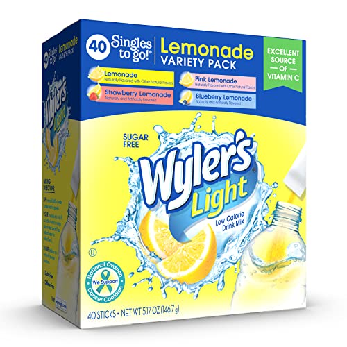 Wyler's Light Singles to Go Powder Packets, Water Drink Mix, Variety Pack, Pink, Strawberry & Blueberry Lemonade, Sugar & Caffeine Free, On-The-Go, 40 Count