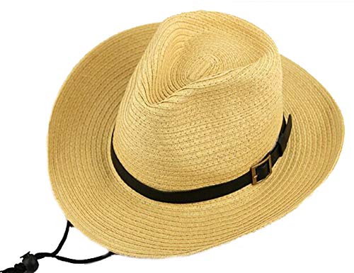 Mens Wide Brim Sun Straw Hat Roll up Floppy Packable Fedora Hat with Adjustable Chin Cord Strap Straw Cowboy Hat Foldable Sun UV Protection Beach Cap Western Newsboy Hat UPF50+ Sun Hat (Beige)